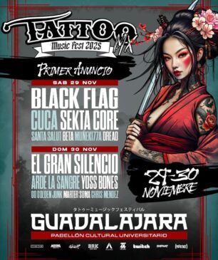 Cartaz do Tattoo Music Fest MX 2025 com artistas e data do evento