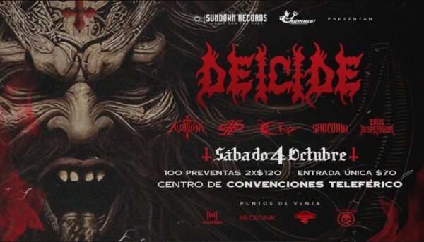 Show da banda Deicide, ícone do death metal, em apresentação ao vivo.