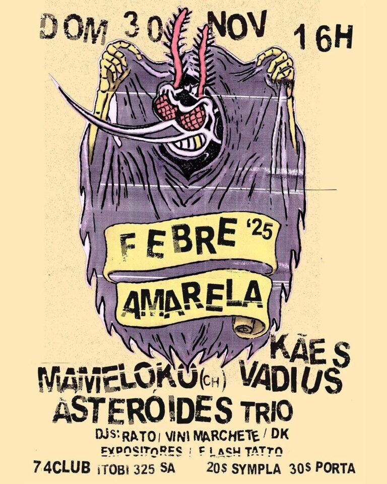 74 Club: 16 anos de resistência, traz Kães Vadius – Asteroides Trio e Mameloko (Chile), no Domingo 30/11/2025