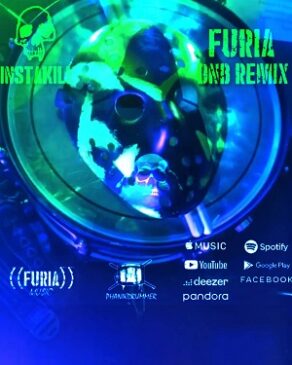 Cartaz promocional do remix 'Furia – Drum & Bass Remix' com máscara de bateria eletrônica.