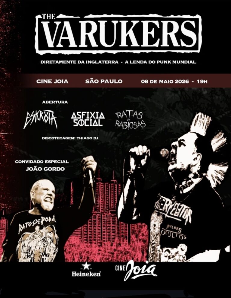 Noite de punk rock no Cine Jóia: Varukers, Eskröta, Asfixia Social e Ratas Rabiosas, na sexta-feira (08/05/2026)